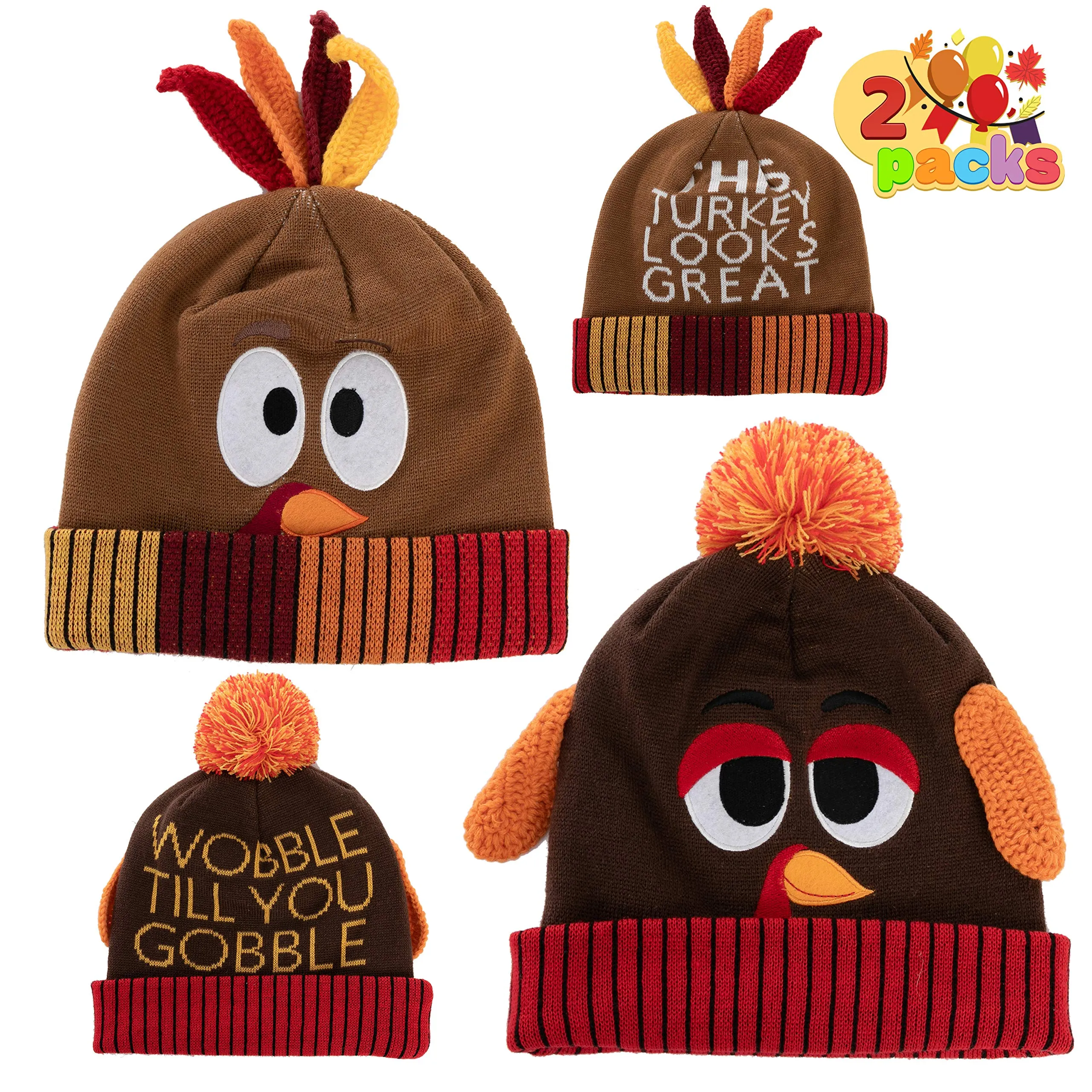 2 Piece Thanksgiving Pom Pom Beanie Hats