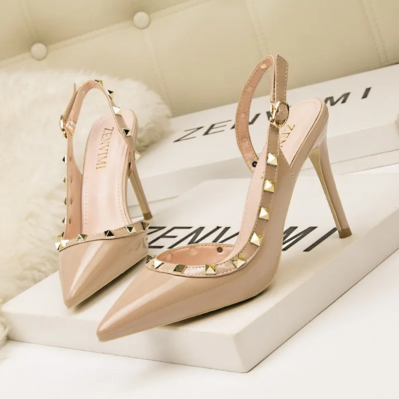 Amozae- Women's Shoes Rivet Hollow Sandals 10CM PUMPS Simple And Fashionable   Nightclub Stiletto High Heel Shallow Mouth Pointed