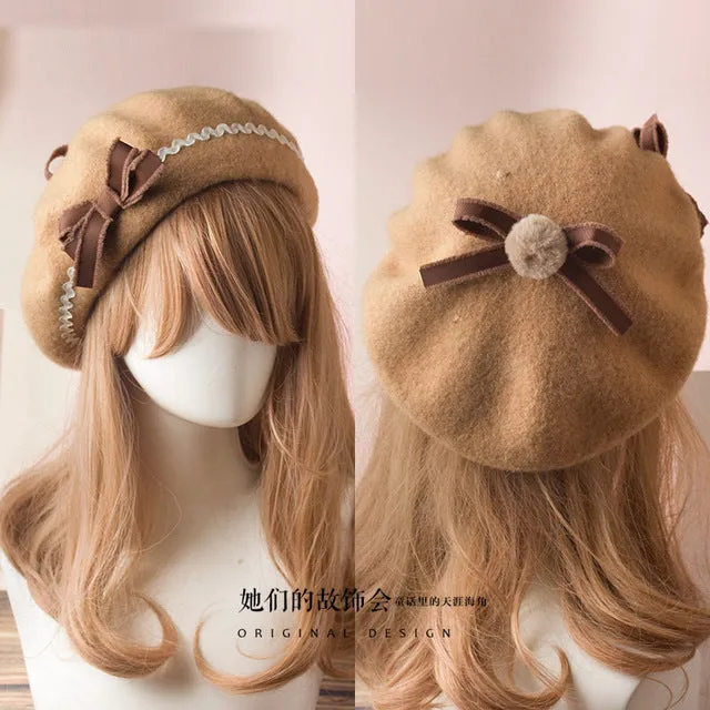 Berets Wool Blend Hat Women Bow Plaids Stripe Sailor Style Preppy Chic College Students Cap