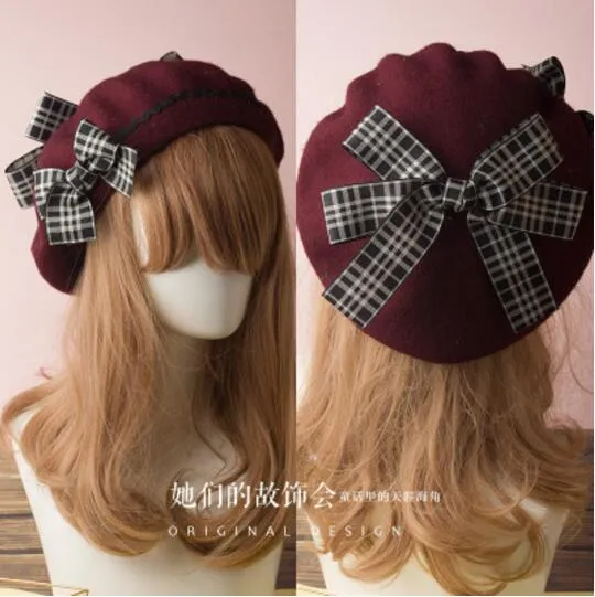 Berets Wool Blend Hat Women Bow Plaids Stripe Sailor Style Preppy Chic College Students Cap