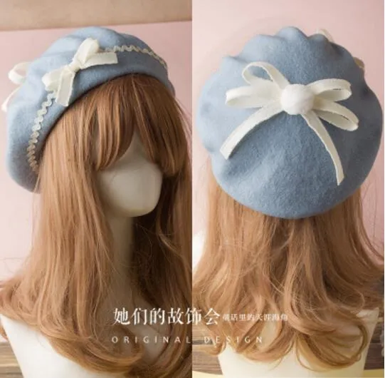 Berets Wool Blend Hat Women Bow Plaids Stripe Sailor Style Preppy Chic College Students Cap