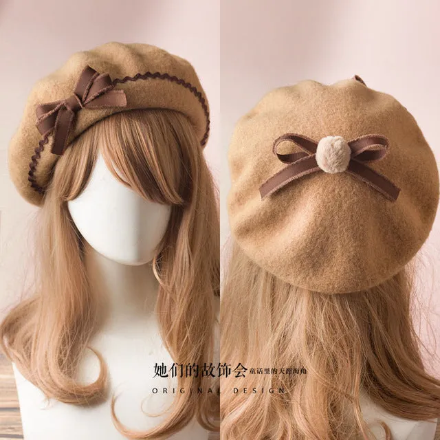 Berets Wool Blend Hat Women Bow Plaids Stripe Sailor Style Preppy Chic College Students Cap