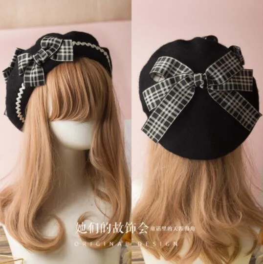 Berets Wool Blend Hat Women Bow Plaids Stripe Sailor Style Preppy Chic College Students Cap
