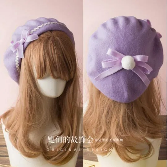 Berets Wool Blend Hat Women Bow Plaids Stripe Sailor Style Preppy Chic College Students Cap