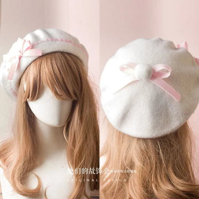 Berets Wool Blend Hat Women Bow Plaids Stripe Sailor Style Preppy Chic College Students Cap