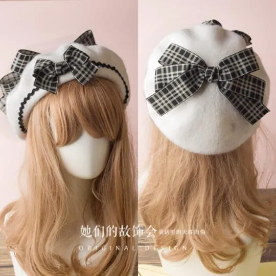 Berets Wool Blend Hat Women Bow Plaids Stripe Sailor Style Preppy Chic College Students Cap