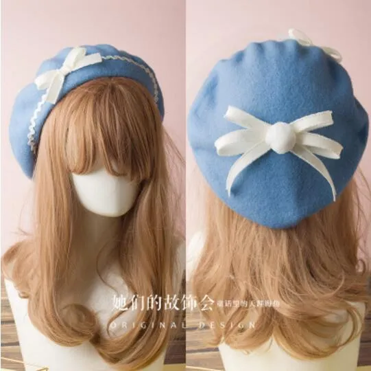 Berets Wool Blend Hat Women Bow Plaids Stripe Sailor Style Preppy Chic College Students Cap
