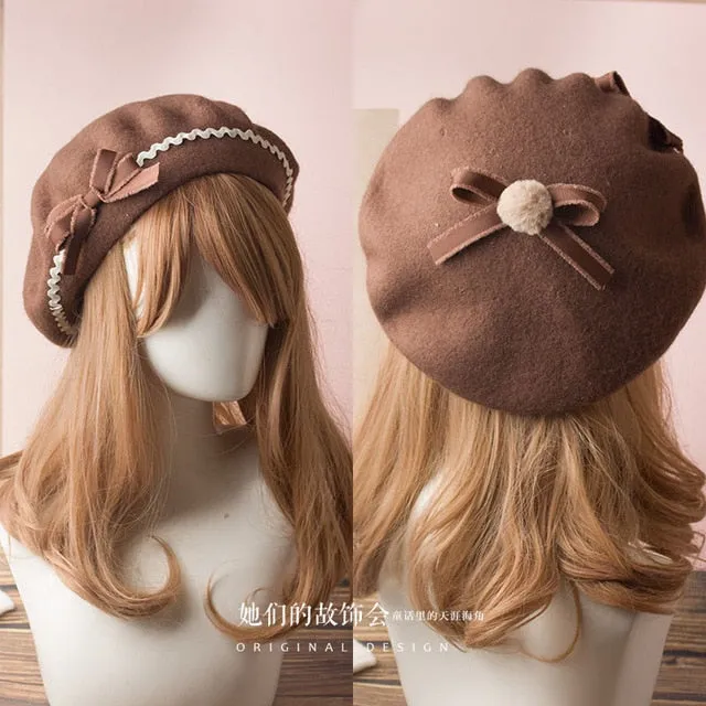 Berets Wool Blend Hat Women Bow Plaids Stripe Sailor Style Preppy Chic College Students Cap