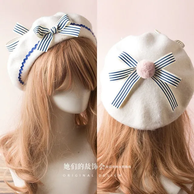 Berets Wool Blend Hat Women Bow Plaids Stripe Sailor Style Preppy Chic College Students Cap