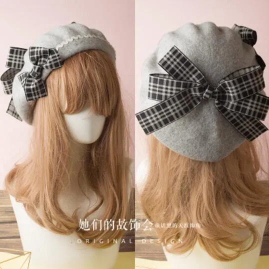 Berets Wool Blend Hat Women Bow Plaids Stripe Sailor Style Preppy Chic College Students Cap