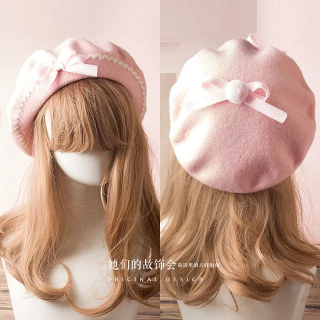 Berets Wool Blend Hat Women Bow Plaids Stripe Sailor Style Preppy Chic College Students Cap