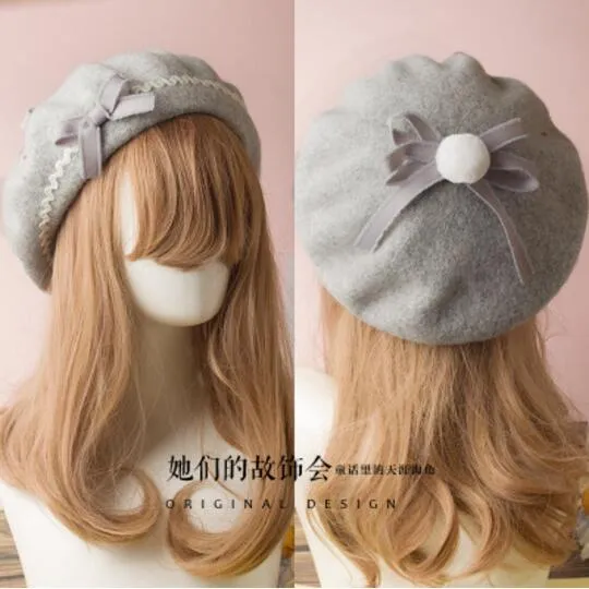 Berets Wool Blend Hat Women Bow Plaids Stripe Sailor Style Preppy Chic College Students Cap