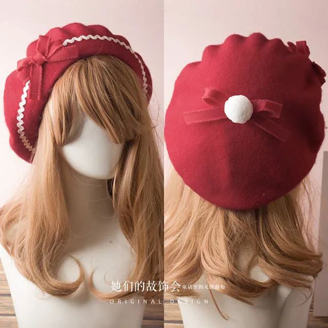 Berets Wool Blend Hat Women Bow Plaids Stripe Sailor Style Preppy Chic College Students Cap