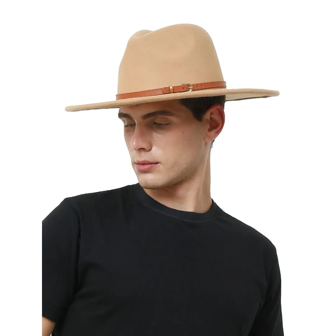 FabSeasons Vintage Wide Brim Beige Fedora Hat with Belt for men