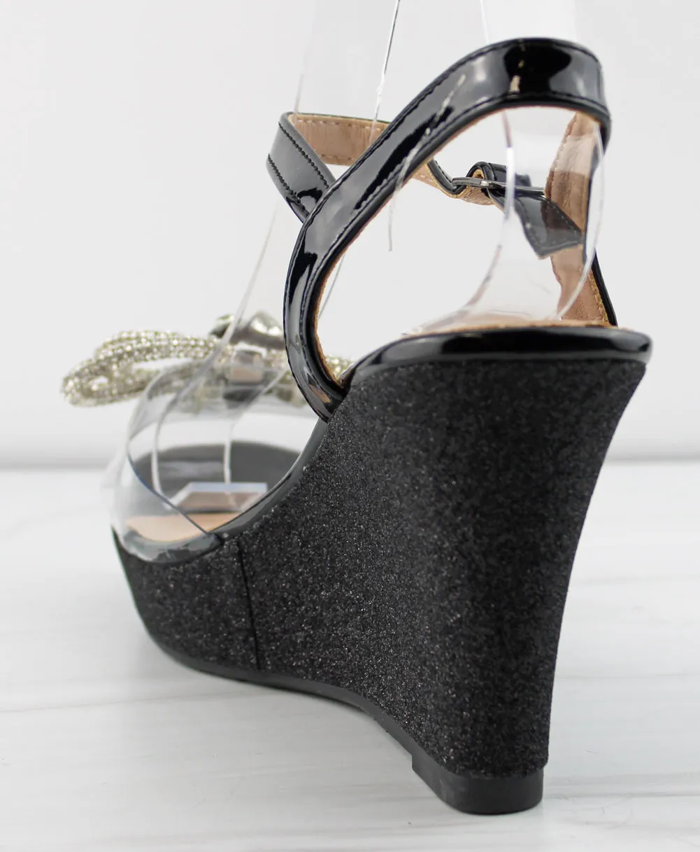 Happy 22 Women's Open Toe Bow Embellished  Glitter Wedge Heel