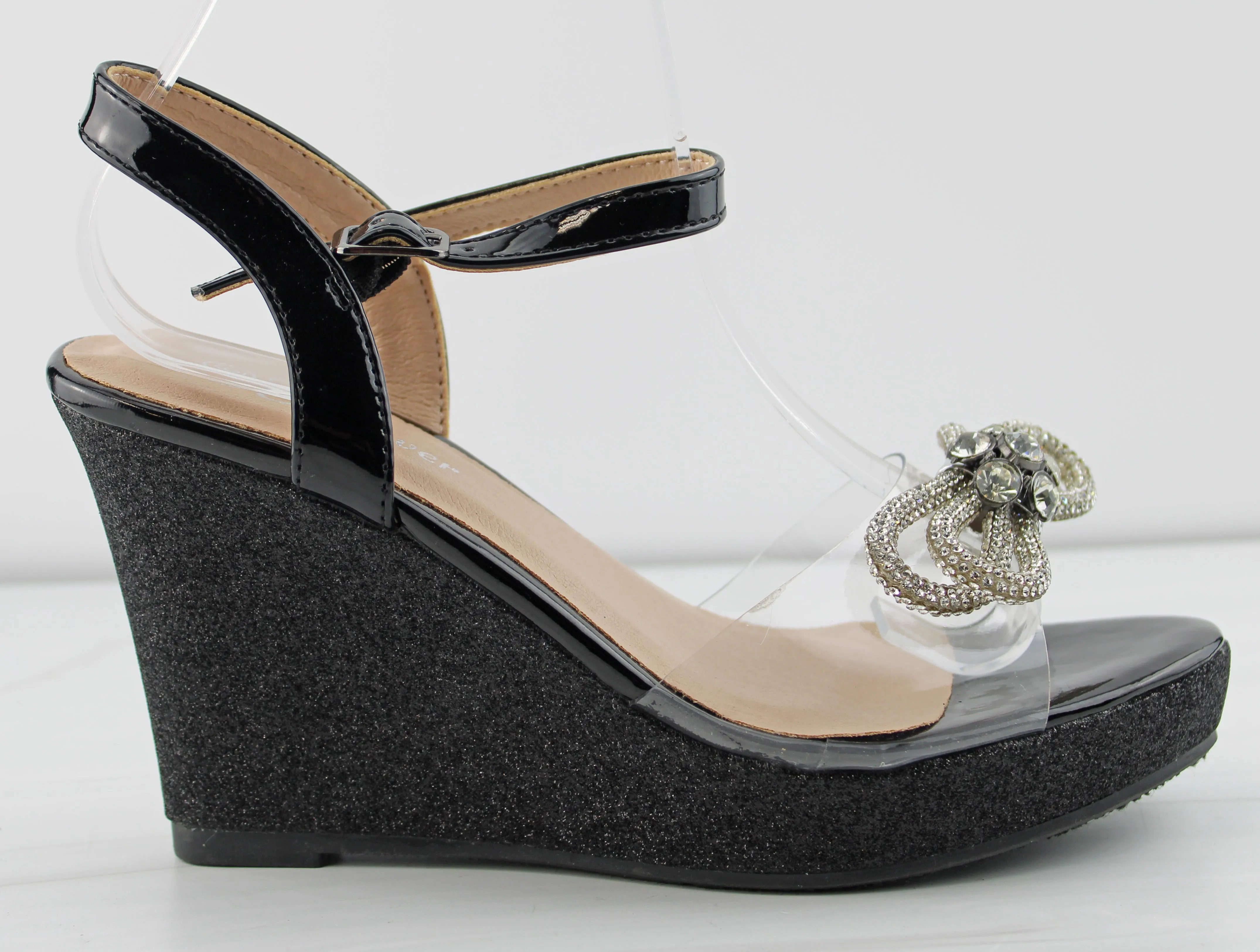 Happy 22 Women's Open Toe Bow Embellished  Glitter Wedge Heel