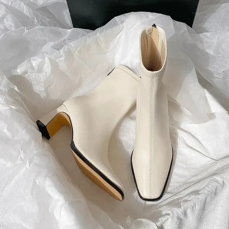High Heel Square Toe Fashionable Winter Ankle Boots for Women