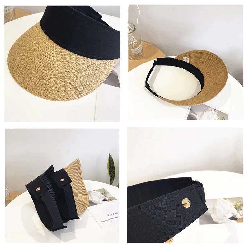 Magic Tape Panama Women Straw Hat Empty Top Women's Summer Hat Sun Protection Outdoor Sports Fishing Beach Chapeau MZ010