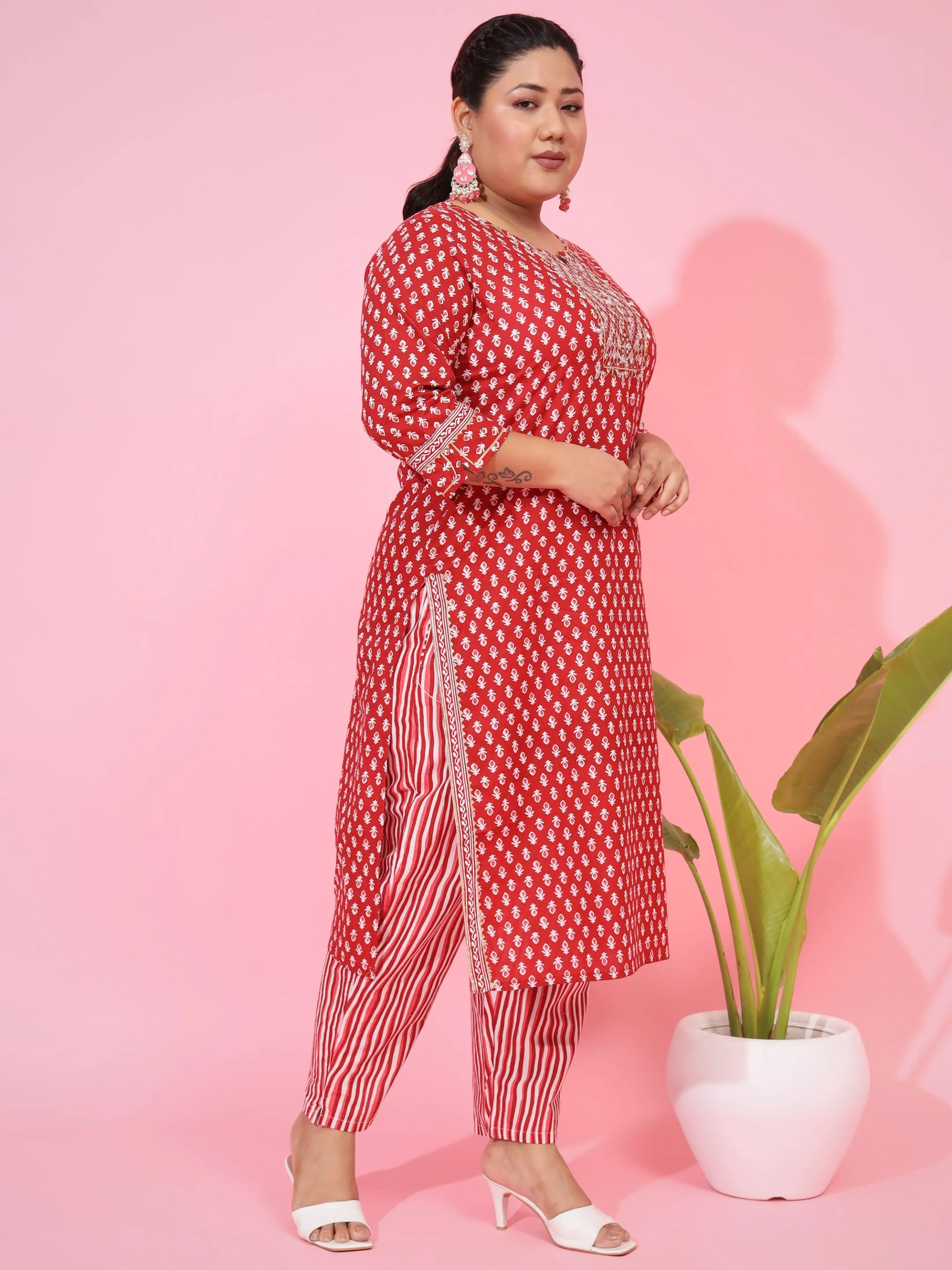 Red Cotton Straight Kurta Set