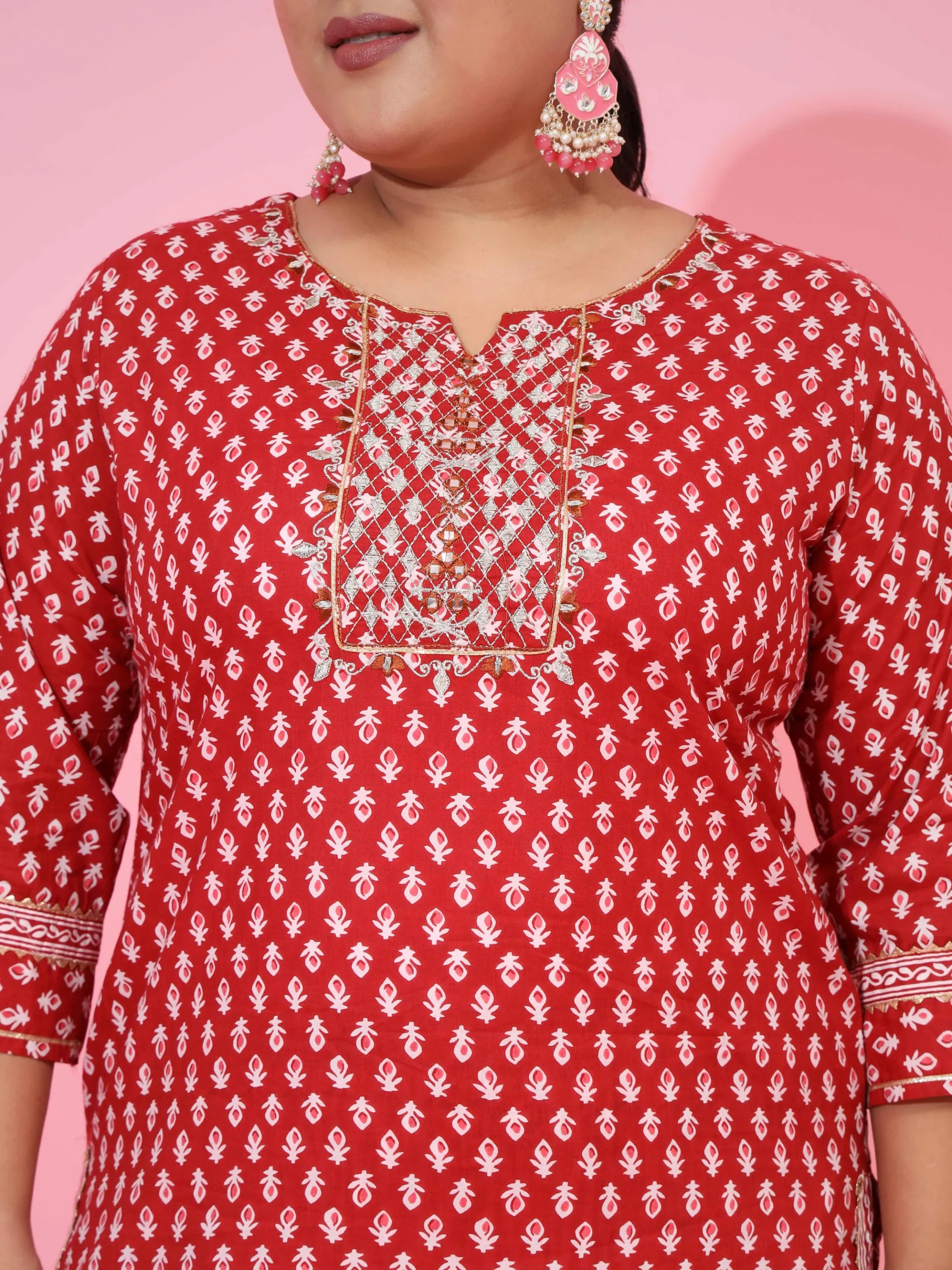 Red Cotton Straight Kurta Set