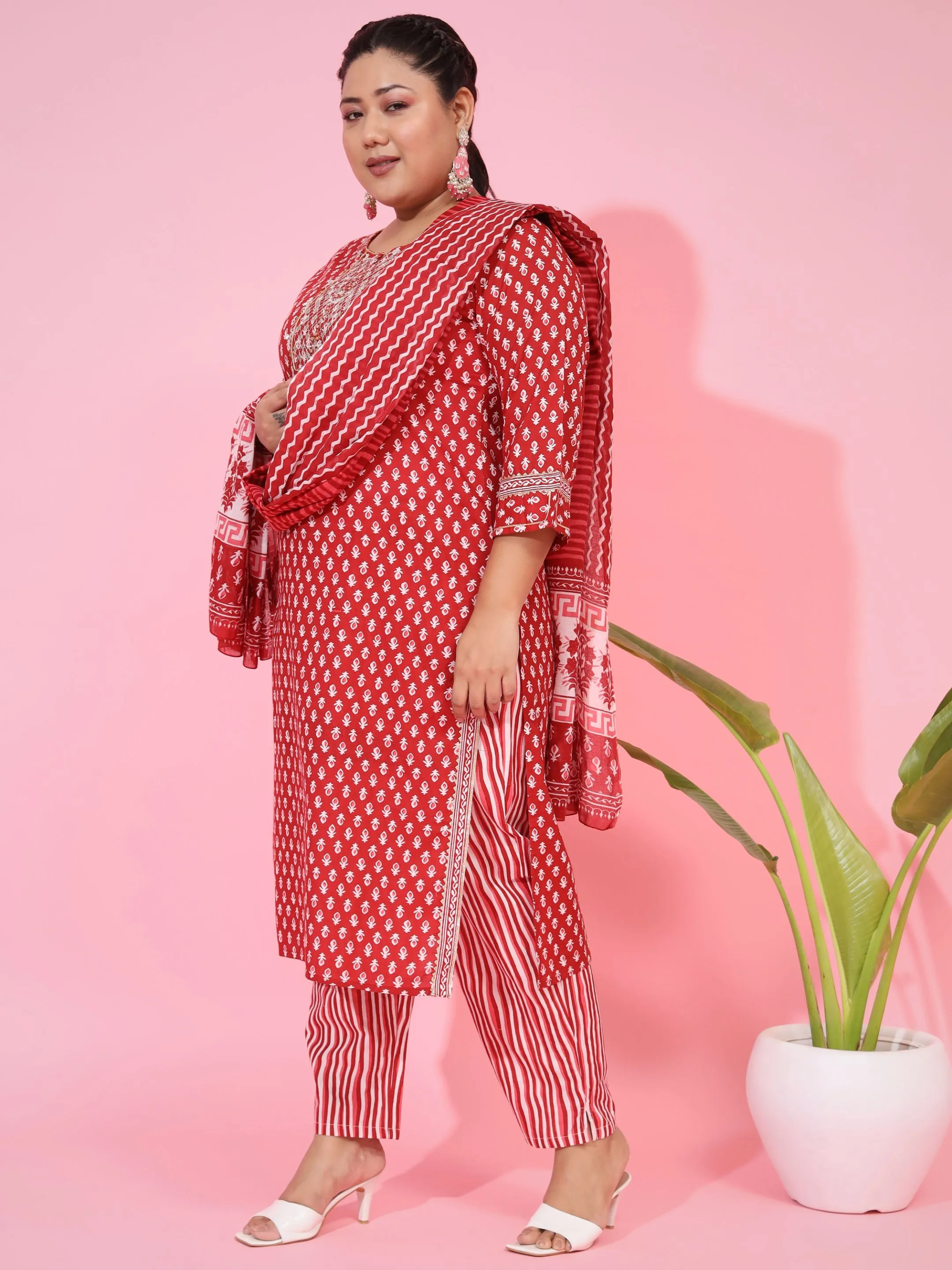 Red Cotton Straight Kurta Set