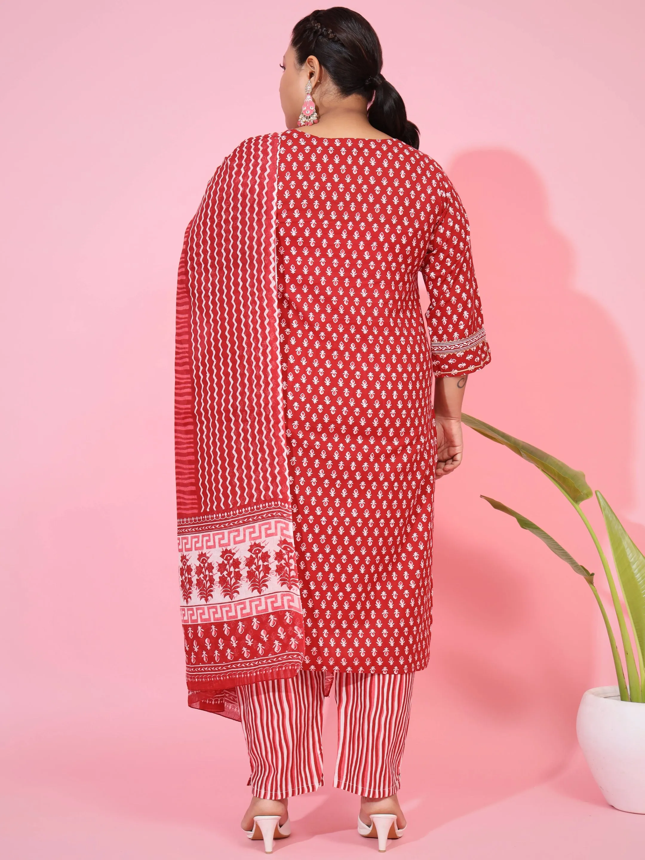 Red Cotton Straight Kurta Set