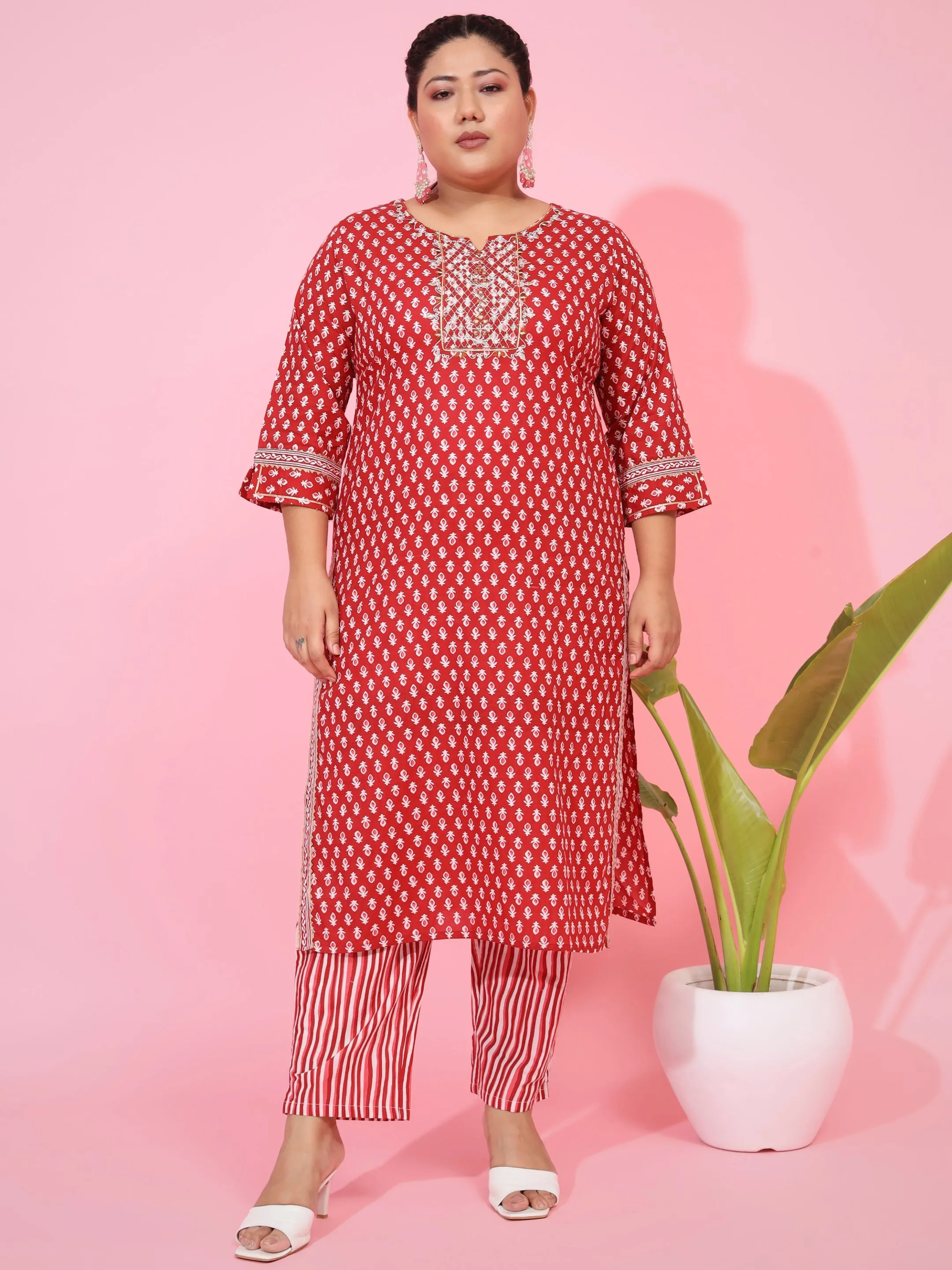 Red Cotton Straight Kurta Set