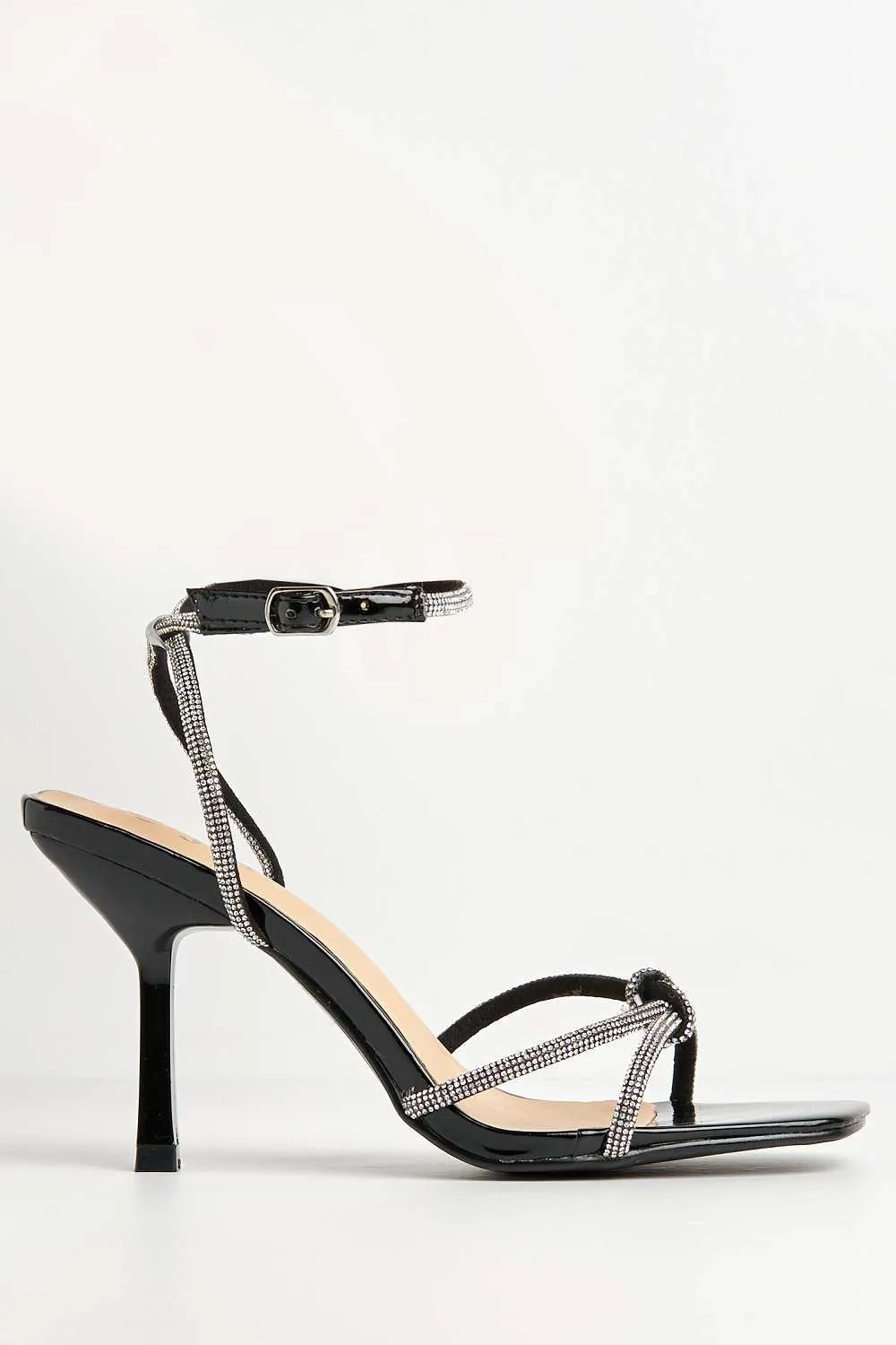 Shanaya Diamante Strap Square Toe Heel Sandalsl in Black