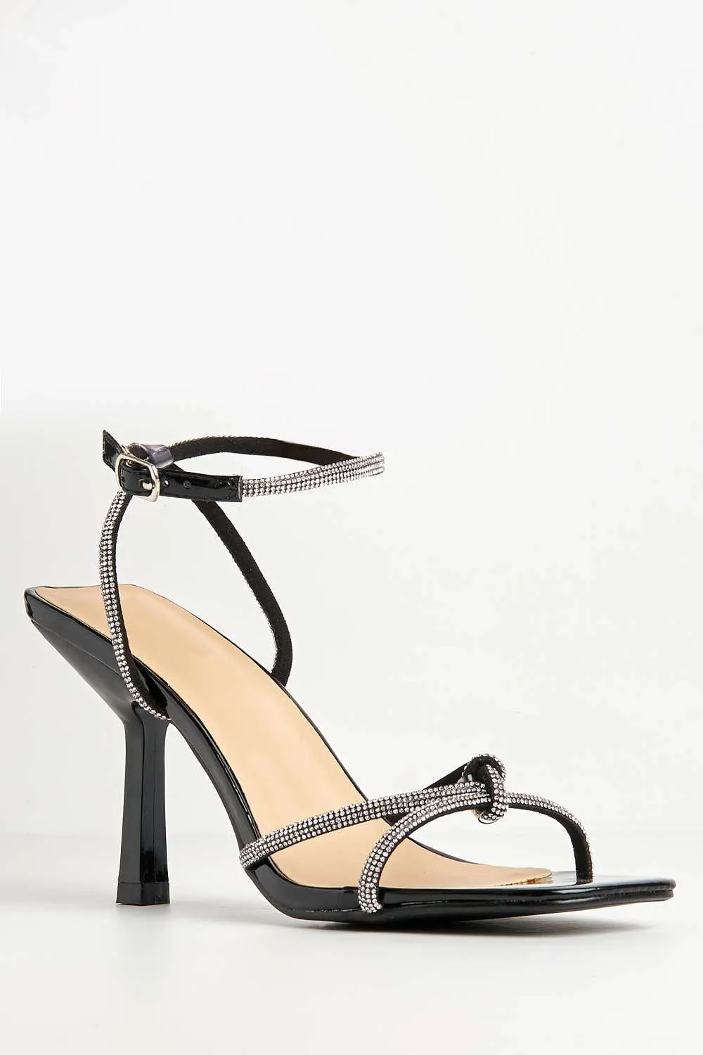 Shanaya Diamante Strap Square Toe Heel Sandalsl in Black