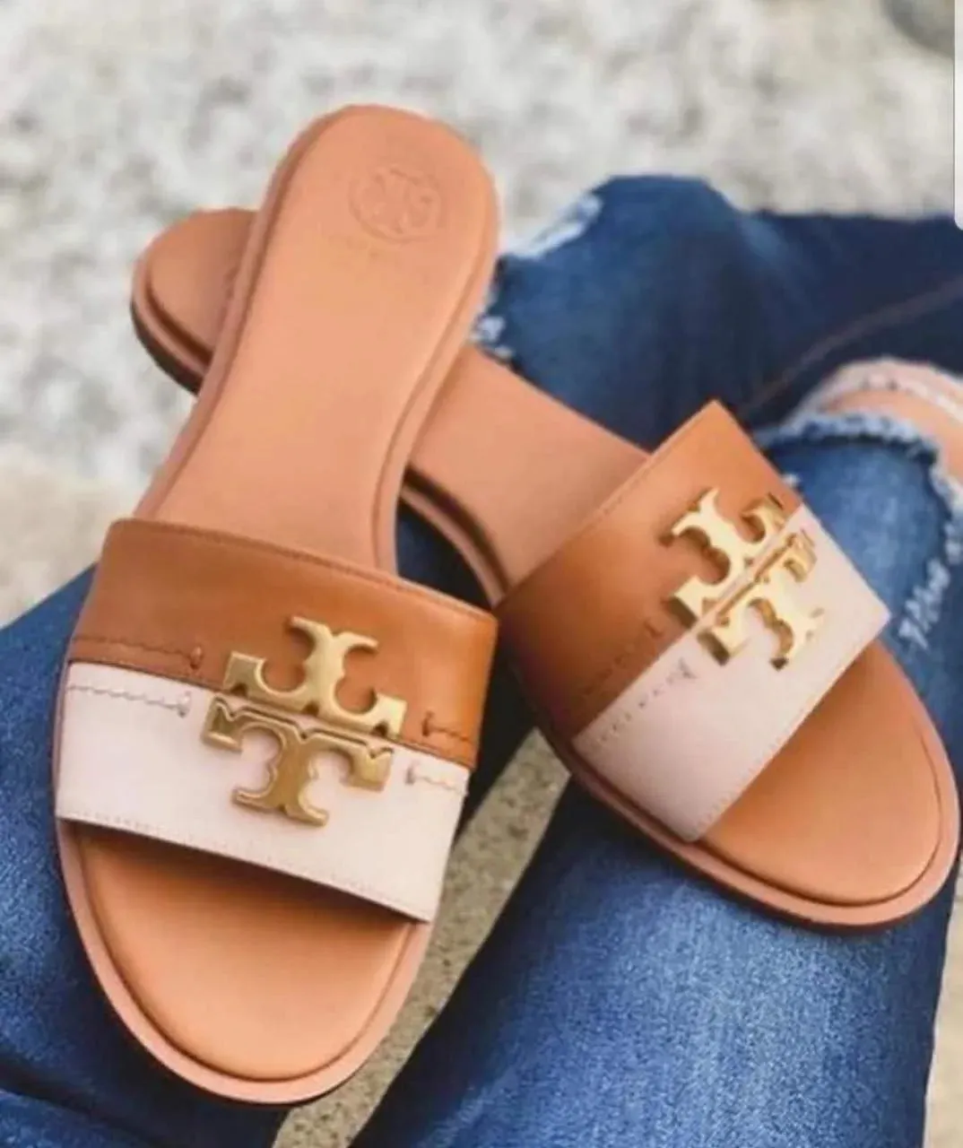 TB CASUAL SLIDES - BROWN & WHITE