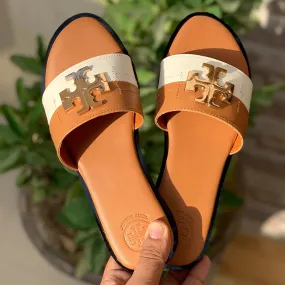 TB CASUAL SLIDES - BROWN & WHITE