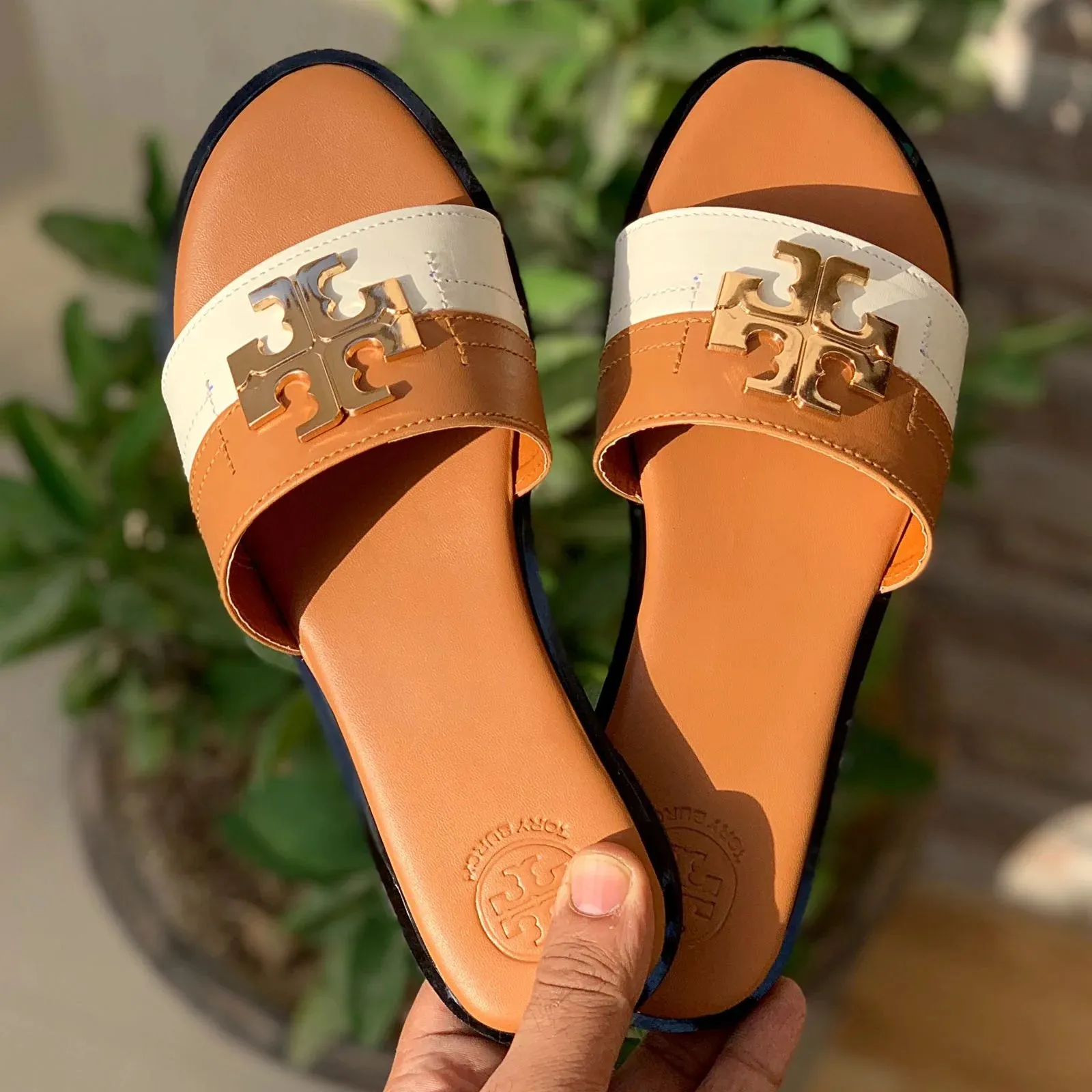 TB CASUAL SLIDES - BROWN & WHITE