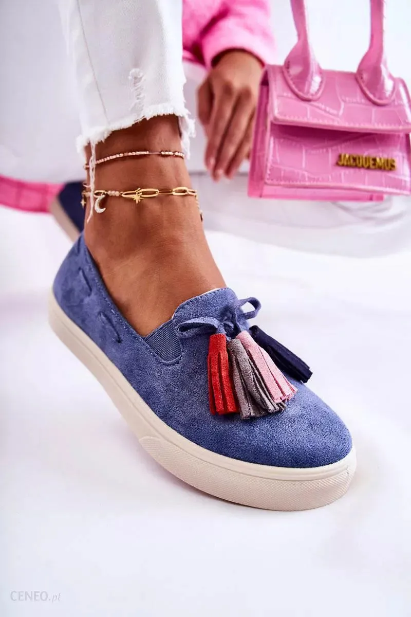 Women's Blue Jeans Loafers with Decorative Tassels | CU215
