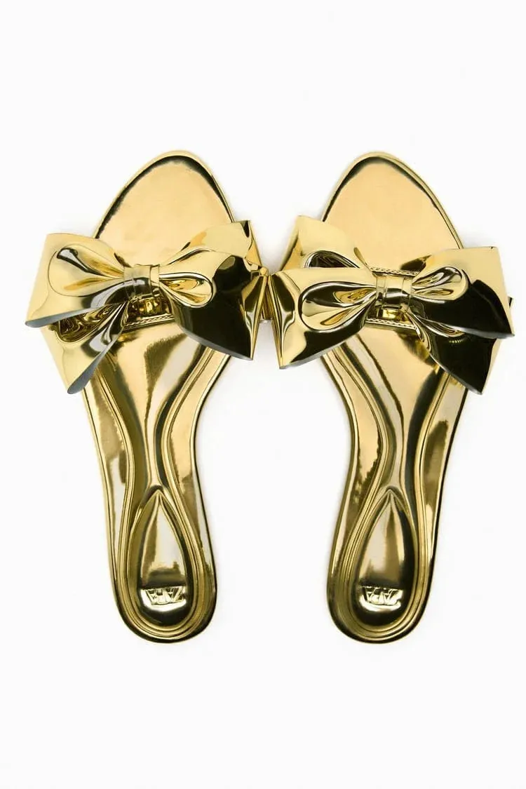 ZARA FLAT SANDALS WITH BOW - GOLDEN