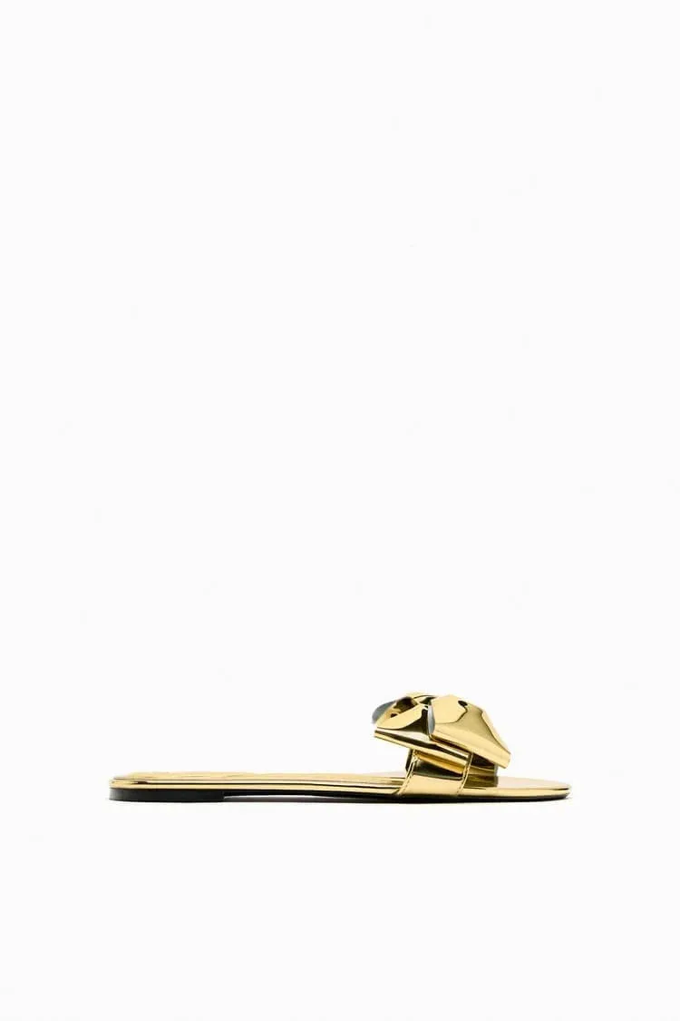 ZARA FLAT SANDALS WITH BOW - GOLDEN